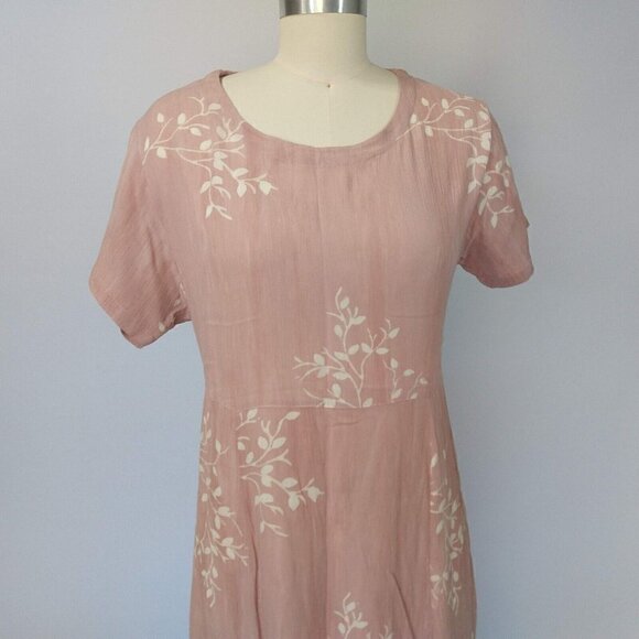 Orvis Grunge Pink Crinkle 100% Rayon Maxi Dress S Short Sleeve Floral Tie Back - Picture 2 of 9